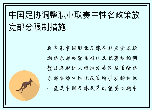 中国足协调整职业联赛中性名政策放宽部分限制措施