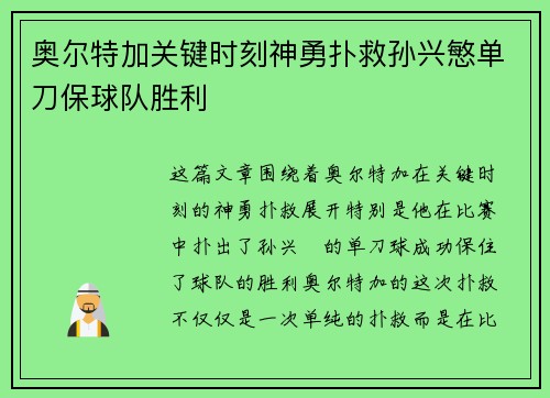 奥尔特加关键时刻神勇扑救孙兴慜单刀保球队胜利